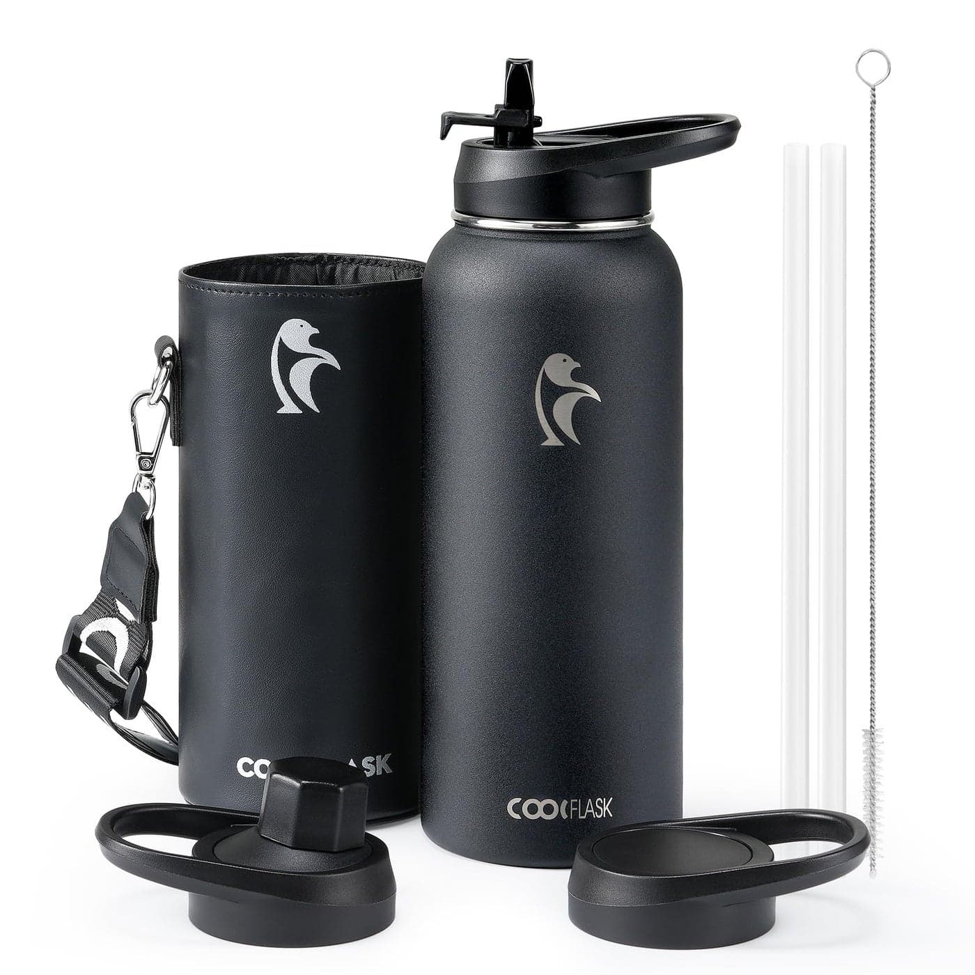 Coolflask 40 oz Water Bottle Insulated with PU Leather Sleeve Water Bottle Stainless Steel Metal with Straw Lid and Spout Lid Double Vacuum Keep Cold 48h Hot 24h Water Flask Polar Black