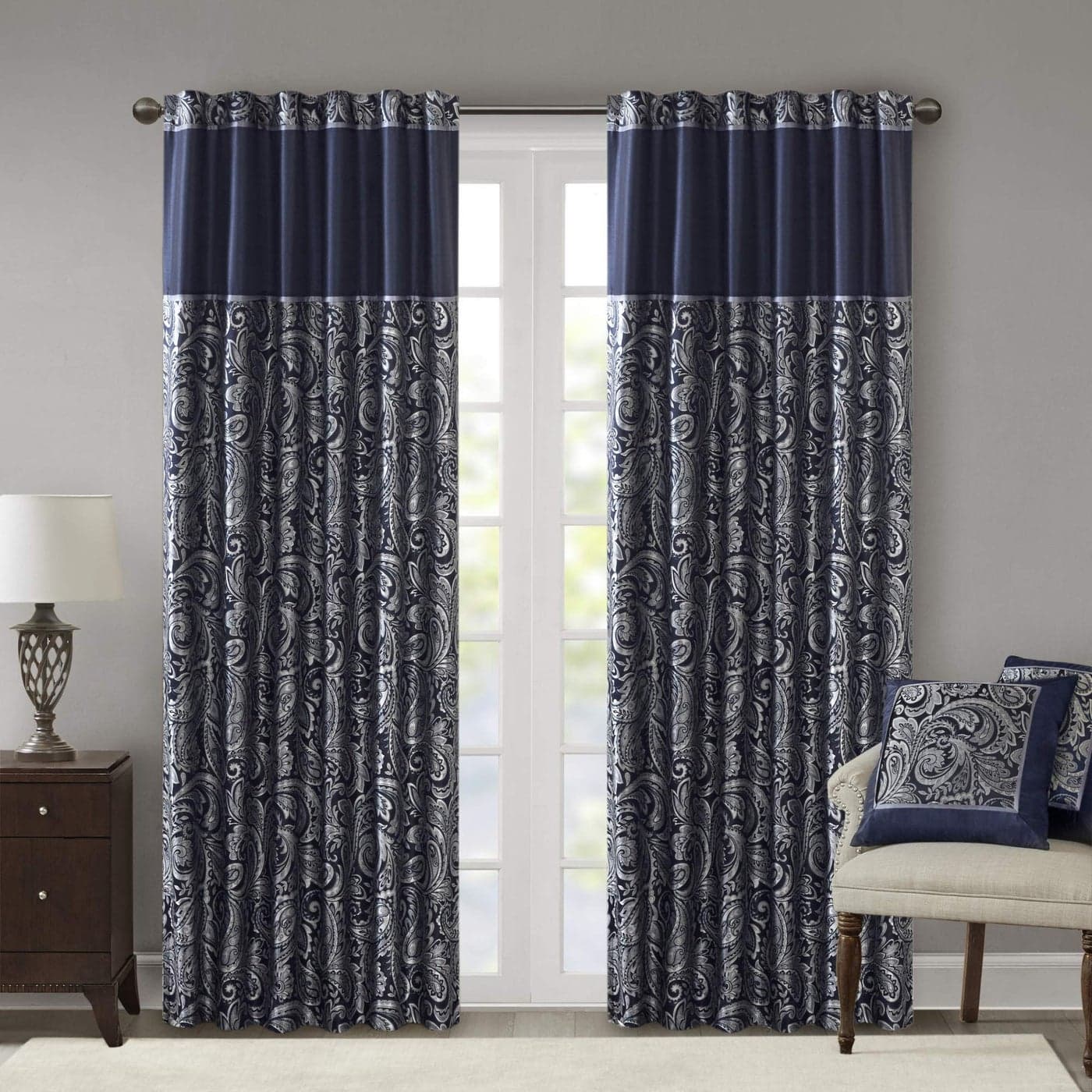 Madison Park Aubrey 2 Panel Curtain Faux Silk Paisley Jacquard Rod Pocket Curtain for Living Room Kitchen Room Darkening Window Drape for Bedroom and Dorm 2PK 50x95 Navy