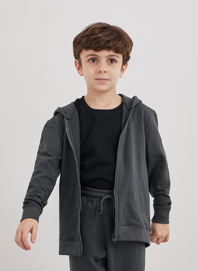 Charcoal Cotton Full Zip Hoodie With Pocket
