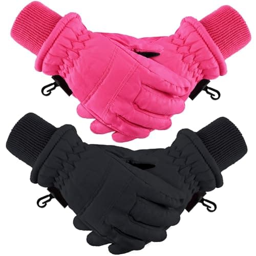 Boao 2 Pairs Kids Winter Ski Gloves Waterproof Warm Snow Mittens Full Finger Gloves for Toddlers Infants (Black, Rose Red, 1-3 Years)