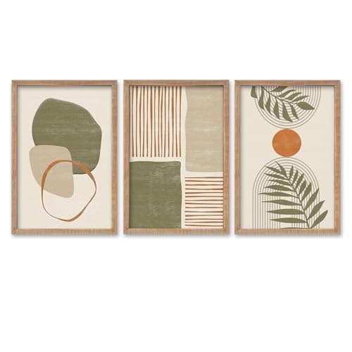 SRSZHIYUE Large Green Abstract Boho Plant Wall Art Neutral Bohemian Set of 3 Wood Framed 24x16 Inch for Living Room Bedroom Wall Decor Hanging (Wood)
