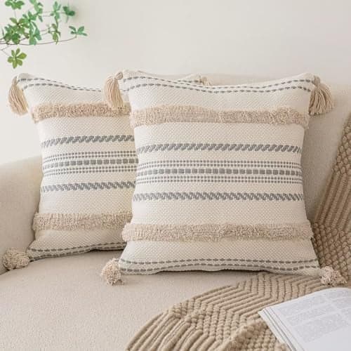 Boho Throw Pillow Covers 18x18 Set of 2 Woven Tufted Farmhouse Pillows Cover with Tassels Textured Striped Cushion Case Neutral Pillow Cases Decorative Pillowcase for Sofa, Couch, Bed, Khaki