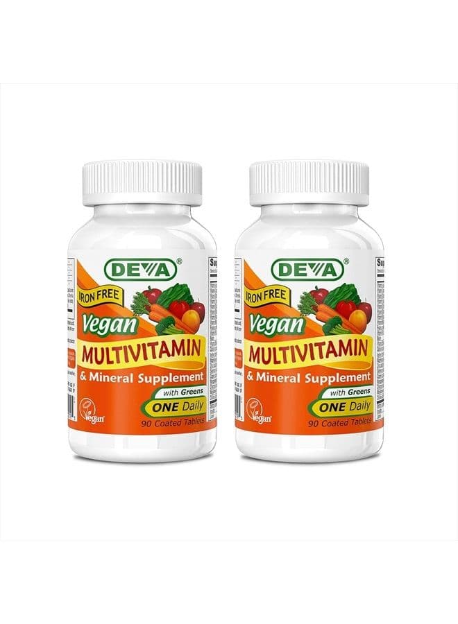 Vegan Multivitamin and Mineral Supplement - One Daily Vitamin Formula with Greens - Iron Free - 90 Coated Tablets (Pack of 2)