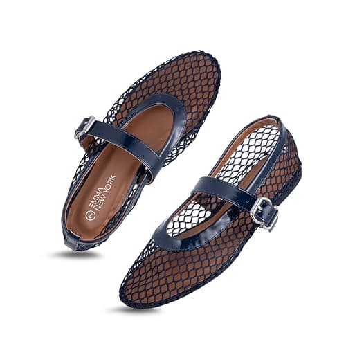 EMMA NEW YORK Women’s Mesh Ballet Flats – Fishnet Mary Jane Flats with Adjustable Buckle Strap, Breathable & Stylish Ballerina Shoes (Navy, 8.5)