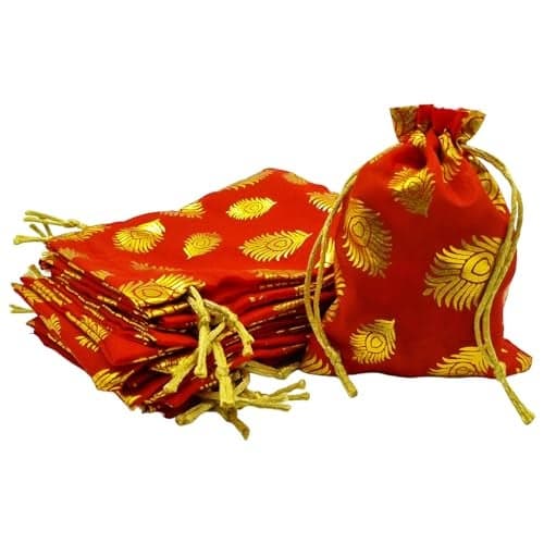 Soul Artisan Potli Drawstring Pouches/Bags(Red-Feather) for Women, Return Gifts, Wedding, Baby Shower, Bridal Party, Haldi Functions, Dry Fruit and Jewelry Packaging Size 12X18 cm | Pack of 5