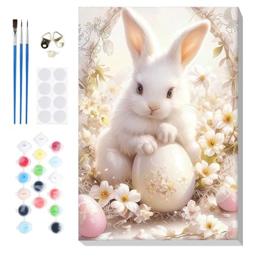 Bowetile Framed Paint by Numbers Easter Kit for Adults Adults PaintbyNumber Bunny Kits on Canvas Painting by Numbers Rabbit DIY Acrylic Number Painting for Home Wall Decor 8x12in
