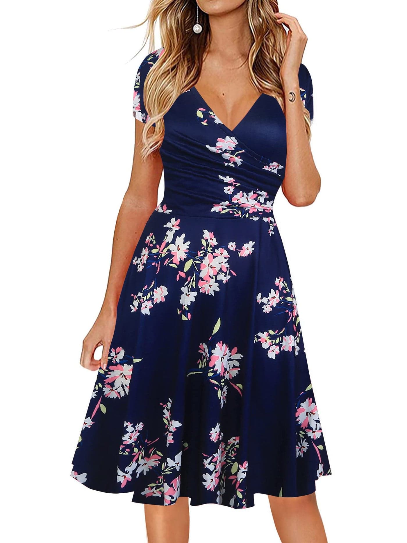 oxiuly Women's Floral Summer Casual Dress Chic V-Neck Party Tea Dresses OX233 (S, NB PinkF)