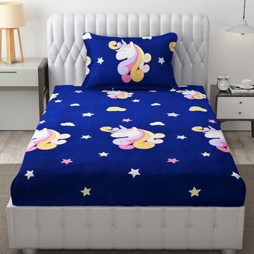Innovative Edge Single Bed Elastic Fitted Cotton Bedsheet with 1 Pillow Cover - Blue & Multicolo|Soft & Breathable Cotton Fabric for Single Bed & Diwan Mattress|Single Size 48 x 72 Inch