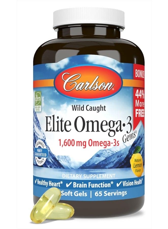 Elite Omega-3 Gems, 1600 mg Omega-3 Fatty Acids Including EPA and DHA, Norwegian, Wild-Caught Fish Oil Supplement, Sustainably Sourced Omega 3 Fish Oil Capsules, Lemon, 130 Softgels