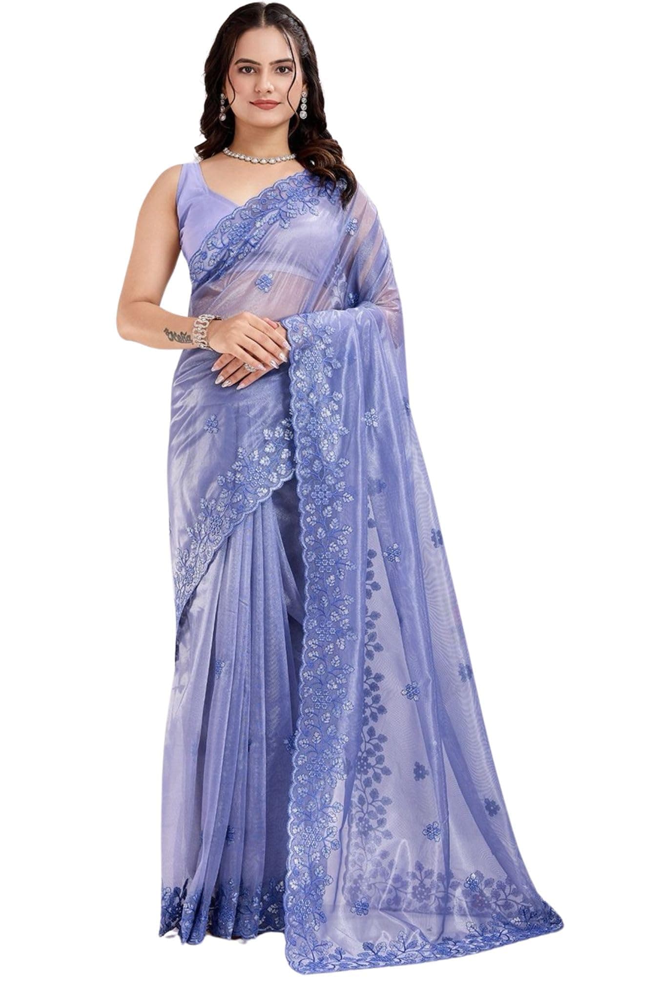 SGF11 Women's Embroidery Work Tissue Silk Saree With Unstitched Blouse Piece (Blue)
