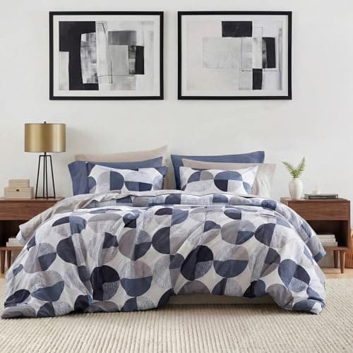 Regency Heights Stylish Three-Tone Printed King Size Comforter Set, Bed in a Bag 9-piece Bedding Set, Ultra-Soft Microfiber Comforter and Sheets Set, Warm and Cozy for All Seasons, Navy Blue & Grey