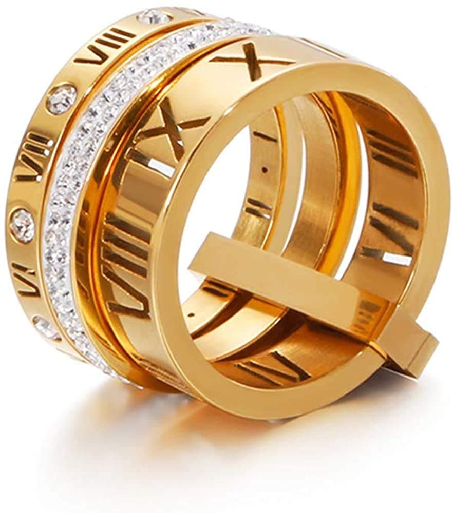 Jarlinwel Stainless Steel CZ Zirconia Roman Numeral Ring For Women Stacking Thumb 3 in 1 Spinner Rings (Gold, 6 Runs small)
