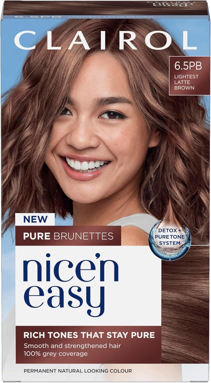 Clairol Nice n Easy Pure Brunettes Hair Colour Pure and Rich Brown Tones Smooth Natural Hair Colour With PreColour Serum 100 Grey Coverage 65PB Lightest Latte Brown Permanent Hair Dye