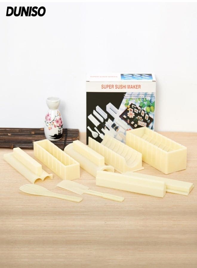 10 Pcs Sushi Making Kit, Anti-stick Plastic DIY Sushi Maker Equipment Kit Sushi Making with Rice Paddles and Rolls in Various Shapes,Easy to Use, Sturdy and Durable,for Beginners(White Sushi Set)