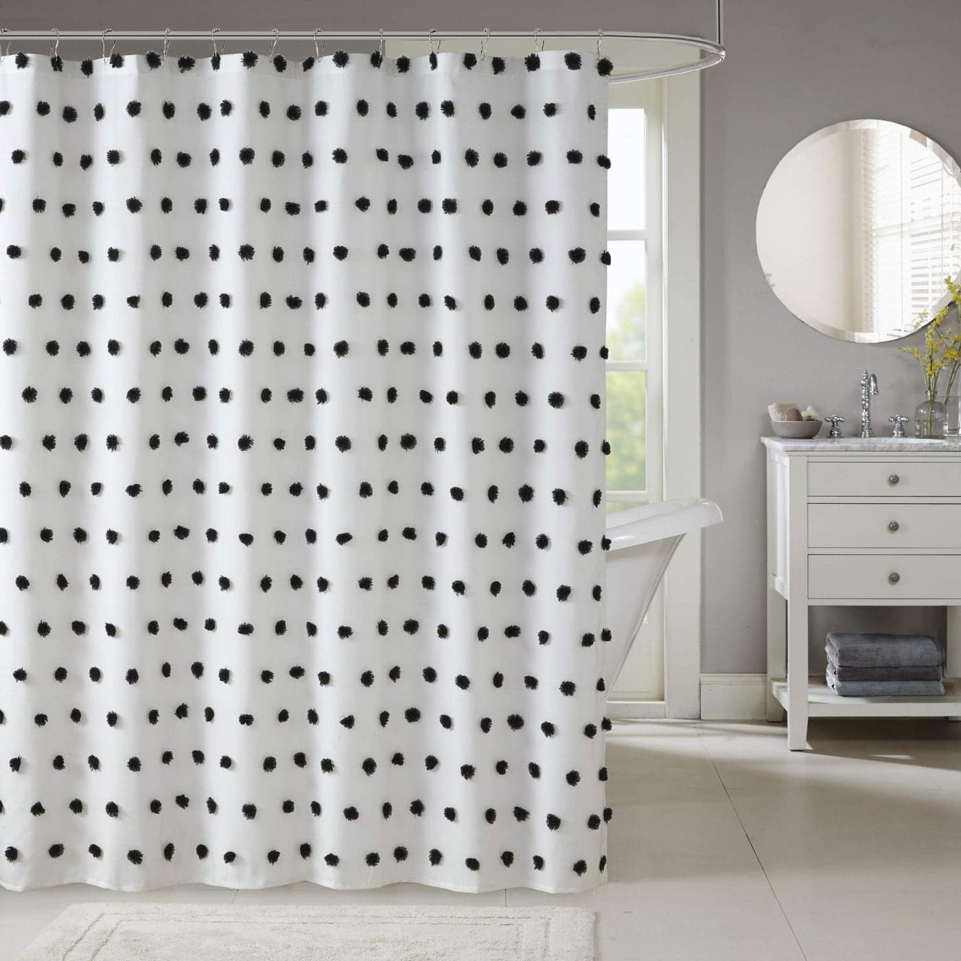 Madison Park Sophie Trendy Shower Curtain with Textured PomPoms Accent Modern Bathroom Dcor Machine Washable Bath Privacy Screen 72 in x 72 in BlackWhite
