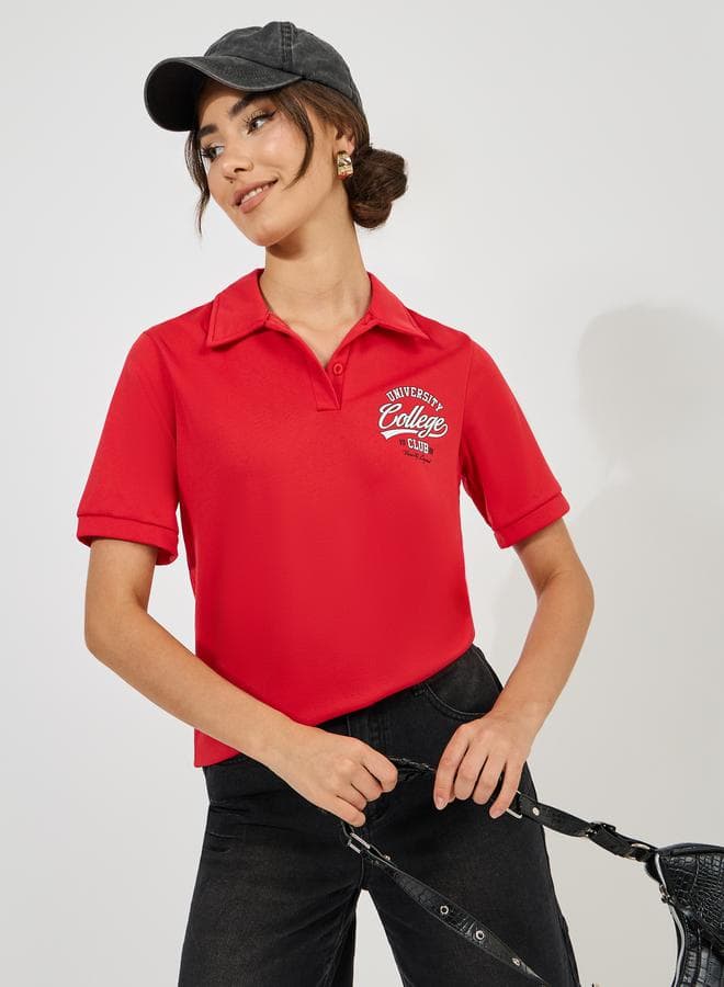 Styli Regular Fit Varsity Print Polo T-Shirt with Half Placket
