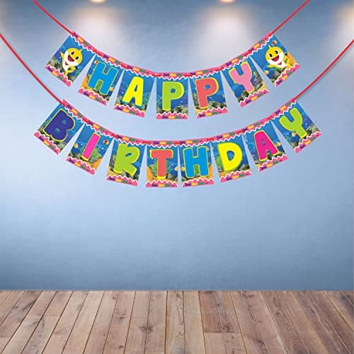 WOBBOX Happy Birthday Bunting Banner Baby Shark Theme Blue Background & Multi Color Font, Birthday Party Decoration Item, Party Decoration Items