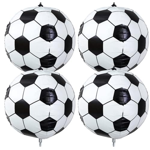 Soulchen 4 Pcs 32 Inch 4D Soccer Balloons Soccer Birthday Party Decorations Large Metallic Round Sphere Foil Football Ball Balloons for Sports Birthday Themed Party Decoration Supplies