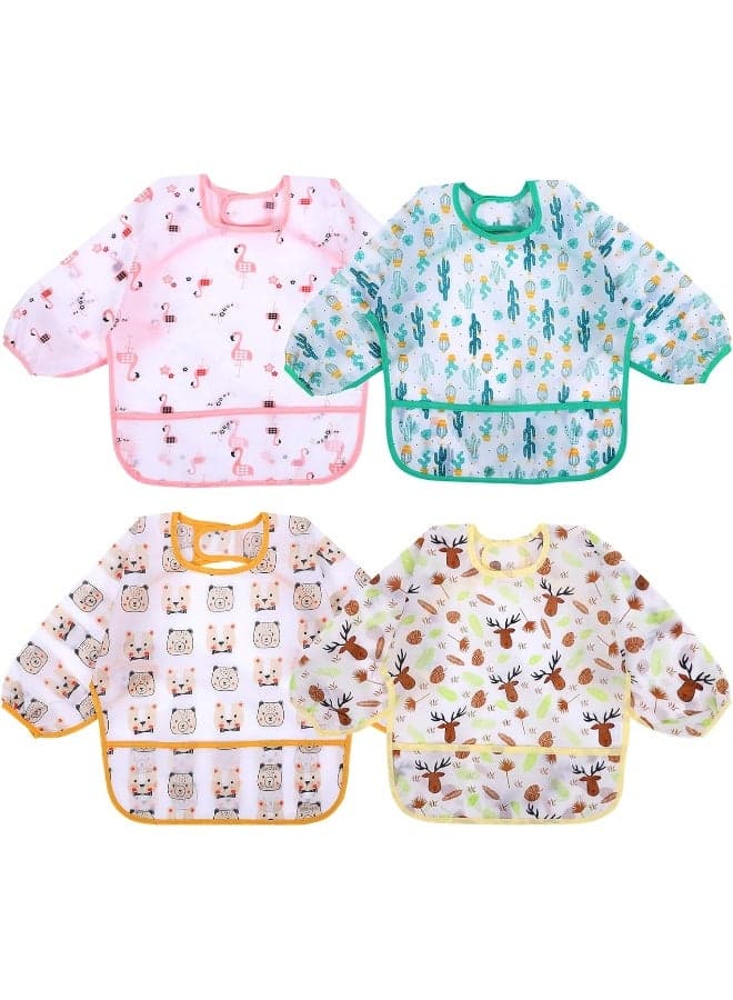 Accmor 4 Pack Long Sleeve Bibs, Baby Smock Waterproof Sleeved Bib Smock for Baby Toddler 6-36 Months