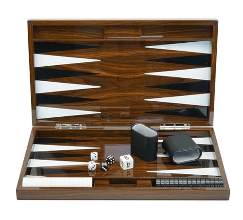 Deluxe Wood 18 Lacquered Backgammon Board Game Set with Premium Leather Dice Cups and Acrylic Game Chips