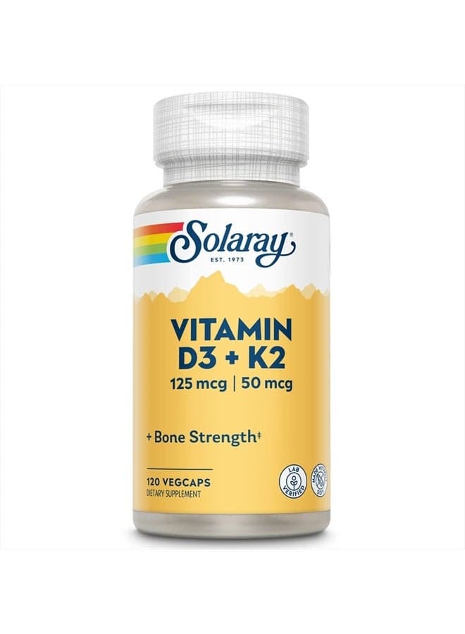 Vitamin D3 K2 - Bone Health and Immune Support Supplement - With 5000 IU Vitamin D as Vit D3 and 50 mcg Vitamin K2 as Menoquinone MK7, Made Without Soy, 60-Day Guarantee, 120 Serv, 120 VegCaps