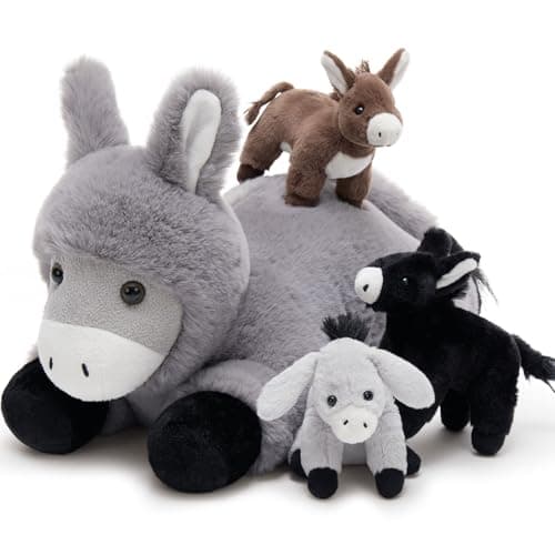 Tezituor Donkey Stuffed Animal with 3 Babies 18 Realistic Large Donkey Plush Toy Soft Hugging Pillow Farm Stuffed Animals Plushies for Boys Girls