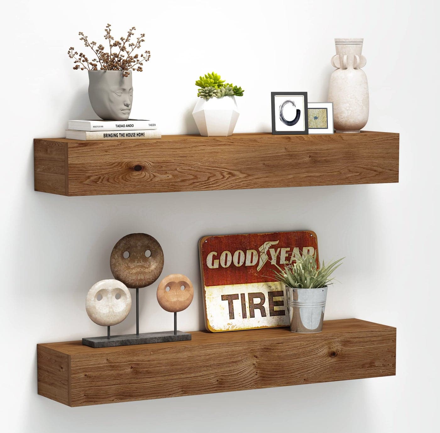 ROOREVO Wall Floating Shelves Rustic Wood Wall Shelf Handmade Light Walnut 24 Inch 2 Pack