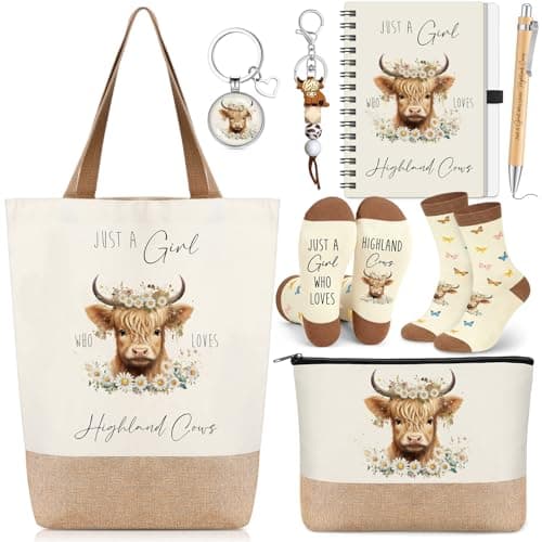 Gilprop 7 Pcs Highland Cow Lover Gift Set for Women Just a Girl Who Loves Highland Cow Keychain Makeup Bag Canvas Bag Notebook Pen Socks for People Who Love Animal Graduation Teacher Thank You Gifts