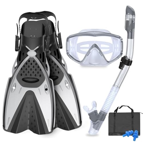 AosDero Mask Fins Snorkeling Gear for Adults Men Women Panoramic View Diving Mask AntiFog Dry Top Snorkel Adjustable Freediving Swimming FinsFlippers Travel Bags for Lap Swimming