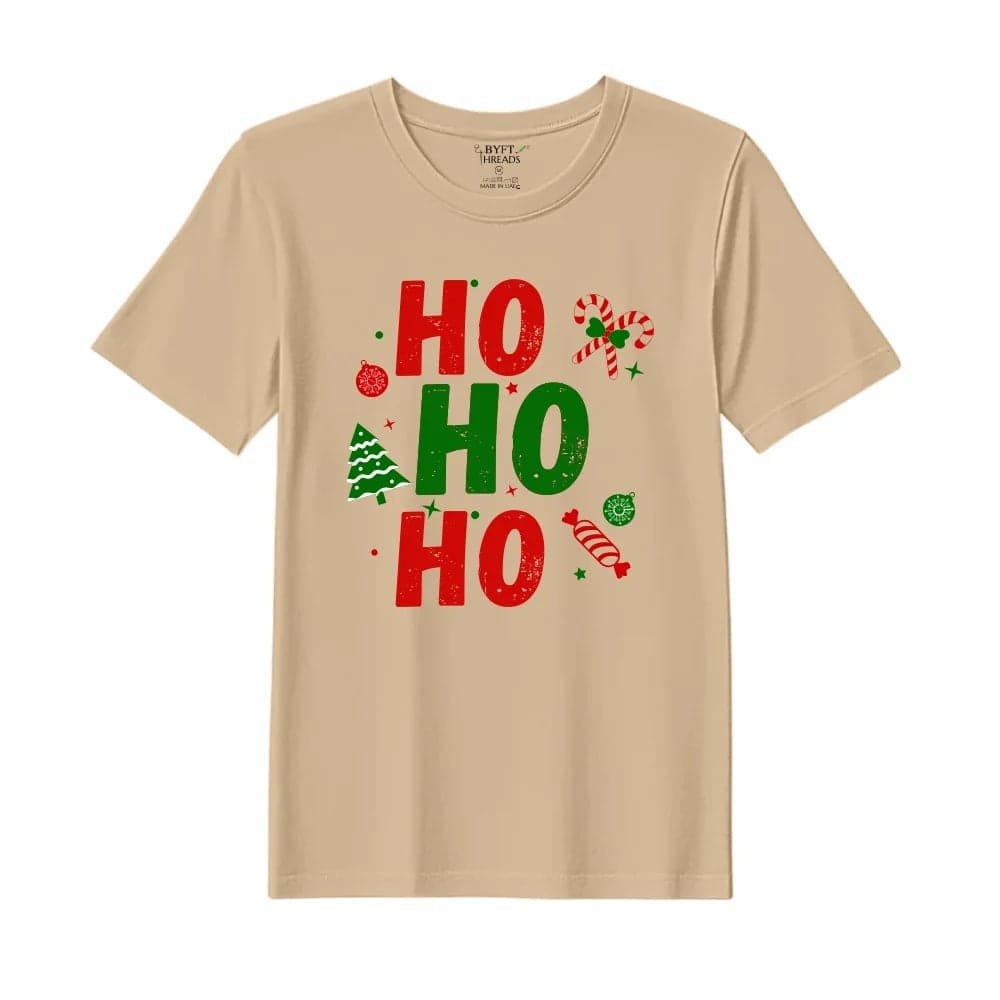 BYFT Threads Medium Beige Polycotton T-Shirt - Christmas "Ho Ho Ho toffee" Printed Design, Premium Holiday Collection