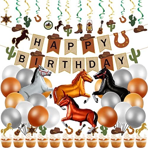Zhanmai 60 Pcs Western Cowboy Party Horse Balloons Decoration Balloons Happy Birthday Banner Cake Topper Hanging Swirls Balloon Kit for Horse Zodiac Birthday Party Western Country Cowboy