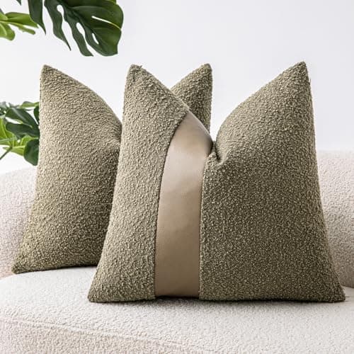 SINYASAN 18x18 Moss Green Boucle Throw Pillow Covers with Faux Leather Accents Set of 2 Fluffy Textured Decorative Pillow Cases for Couch Bed Boho Farmhouse Neutral Cushion Covers for Nordic Home