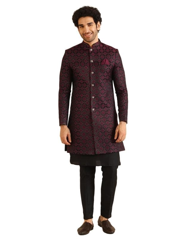 KISAH Sherwani Set for Men – Silk Blend Woven Jacquard Indo Western Sherwani with Kurta and Trouser | Designer Ethnic Outfit for Weddings & Festivals, Burgundy, 38
