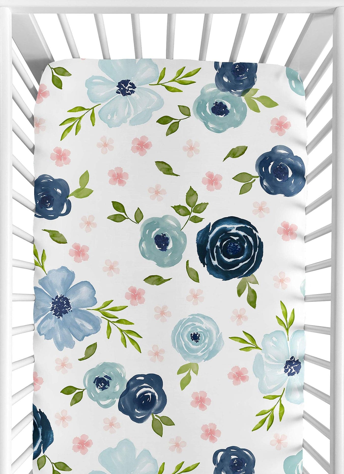 Sweet Jojo Designs Navy Blue and Pink Watercolor Floral Girl Fitted Crib Sheet Baby or Toddler Bed Nursery Blush Green and White Shabby Chic Rose Flower