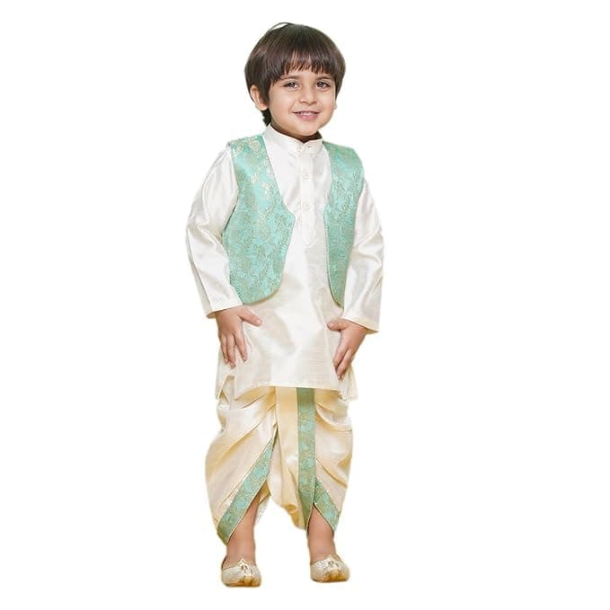 AJ DEZINES Kids Floral Printed Cotton Blend Green Dhoti Kurta Set For Boys With Nehru Waist Coat Jacket (Twister-1933-Green-3)