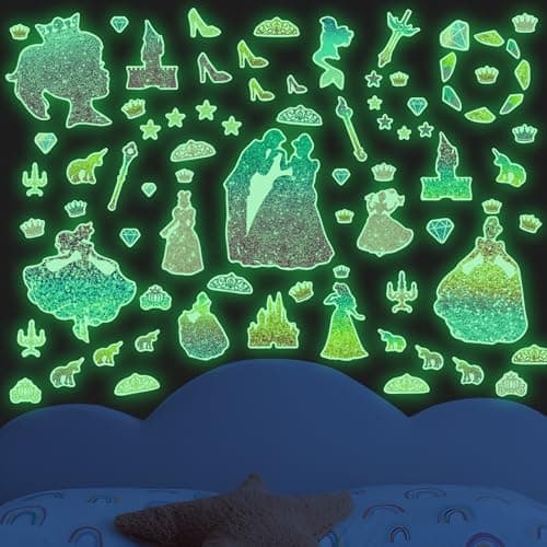 Glow in The Dark Princess and Crown Wall Decals Glitter Stars Stickers for Baby Girls Room Luminous Ceiling Decor for Bedroom Playroom Nursery