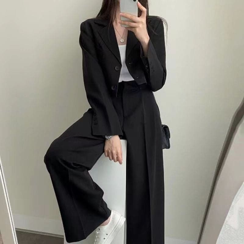 Korean Style Lapel Loose Suit, Short Jacket, Elegant Two-Button High-Waisted Wide-Leg Trousers and Trousers Two-Piece Set for Women