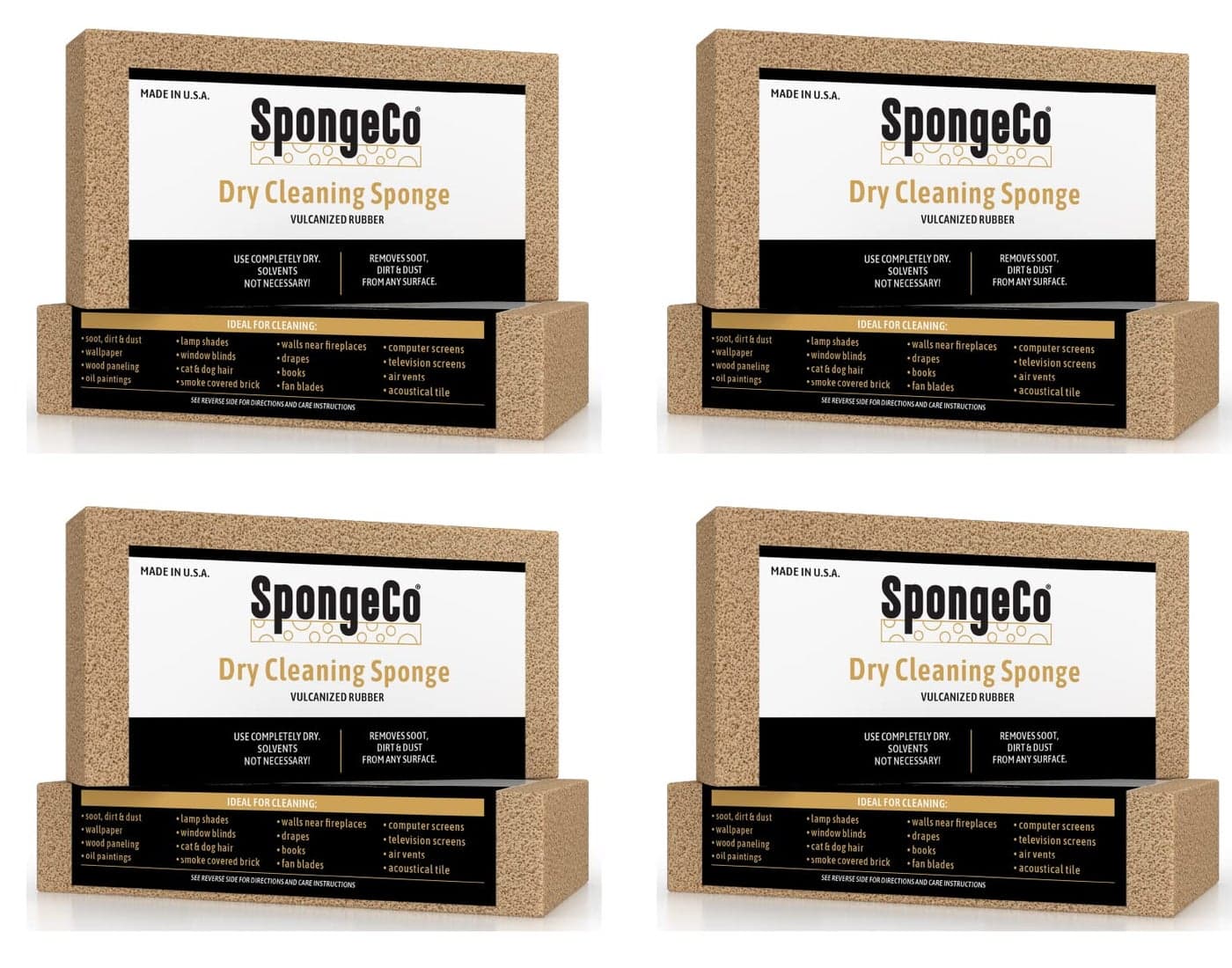 SpongeCo Dry Cleaning Soot Eraser Sponge Pet Hair Smoke Soot Dust and Dirt Remover 3x6x34 4 Pack All Natural Latex Rubber Made in The USA