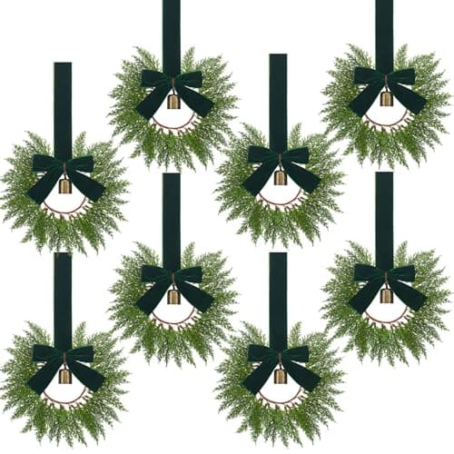 Dingion 8 Pcs 98 Small Christmas Cabinets Wreaths Mini Wreaths for Kitchen Window Chair Backs with Ribbon Bell Artificial Greenery for Farmhouse Holiday DecorationVelvetClassicDark Green