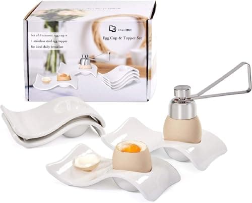 ChasBete Ceramic Egg Cup Egg Cups for Soft Boiled Eggs Soft Boiled Egg Holder 4 1 Egg Topper Cutter Soft Boiled Egg Cups Set