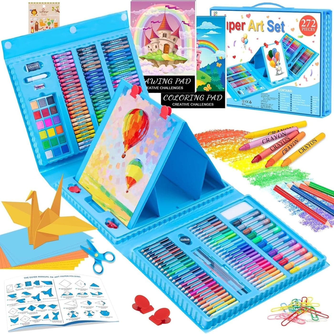 Art Supplies 272 Pack Art Set Drawing Kit for Girls Boys Teens Artist Deluxe Gift Art Box with Trifold Easel Origami Paper Coloring Book Drawing Pad Pastels Crayons Pencils WatercolorsBlue