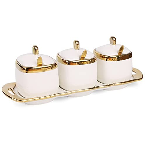 Fvstar Sugar Bowl with Lid and Spoon, Ceramic Salt Containers for Countertop, Salt and Sugar Container Sets, White Seasoning Bowls, Gold Condiment Containers for Kitchen Coffee Bar