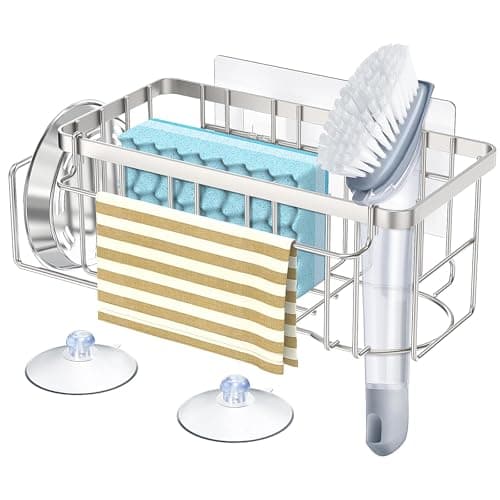 StorageRight 4-in-1 Sponge Holder for Kitchen Sink, Kitchen Organizers and Storage with Adhesive Hook & Suction Cups, Rustproof Sink Caddy for Kitchen Decor, Kitchen Sink Organizer - Silver