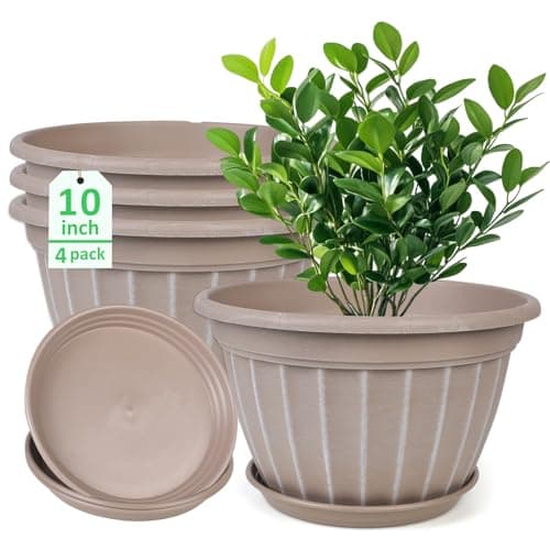 FGstyle 10 Inch Plants Pot4 Pack Flower PotsPlanters Pot with Drainage Hole SaucerModern Planters for Indoor Outdoor PlantsDecorative Resin Garden Pots for Outdoor Indoor Home Plants Beige