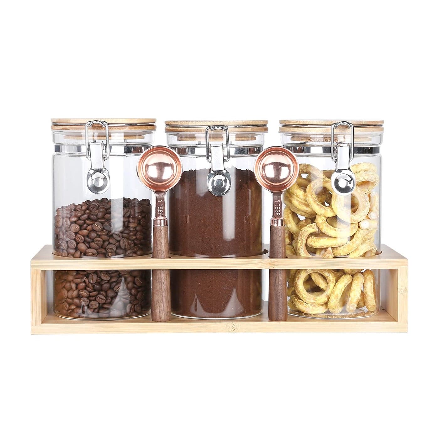 KKC Glass Airtight Coffee Bean Storage Containers for CounterGround Coffee Holder JarsAirtight Glass Countertop Storage Jar Canisters with Spoon for CoffeeLoose Tea40 FluidozPack of 3