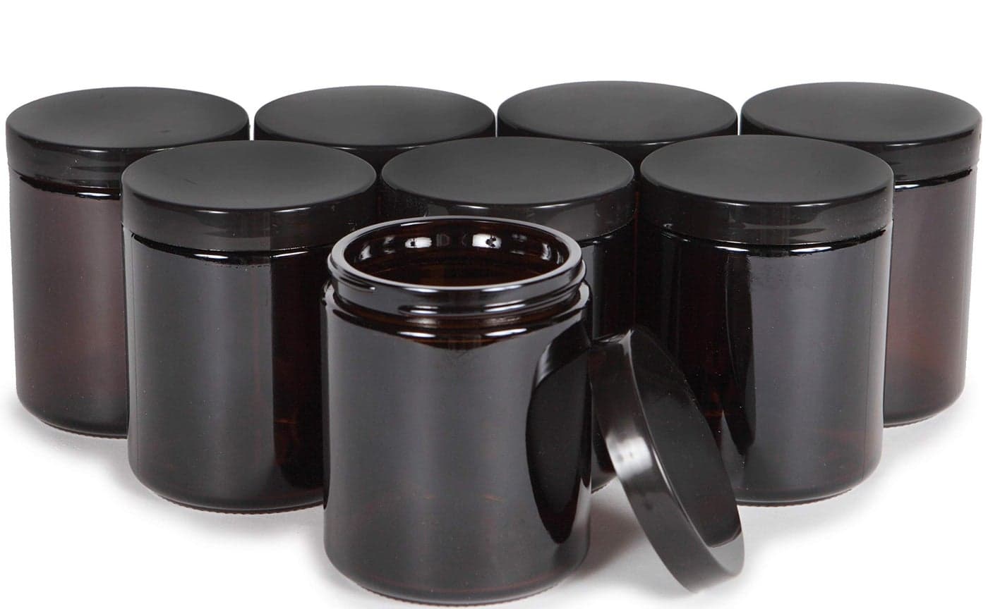 Vivaplex Amber 8 ounce Round Glass Jars with Black Lids 8 pack