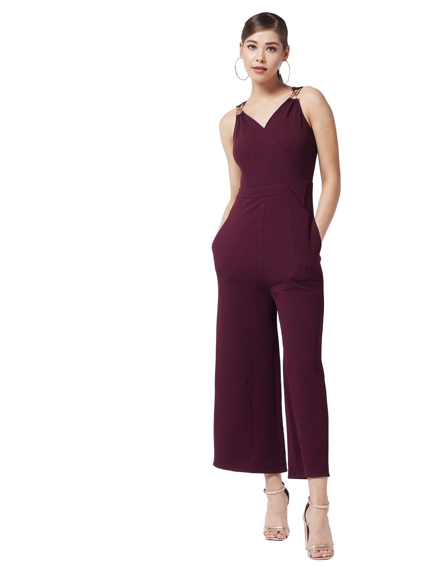 Miss Chase Women's Wine V-Neck Sleeveless Solid Wrap Regular Jumpsuit (MCAW19D08-48-184-06, Wine, XL)