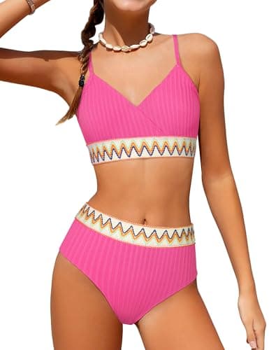 DONWEN Girls Swimsuits Size 14-16 Bathing Suits Color Block Girls Bikini Bathing Suit for Girl Two Piece Swimsuits V-Neck Girl Swimwear Pink