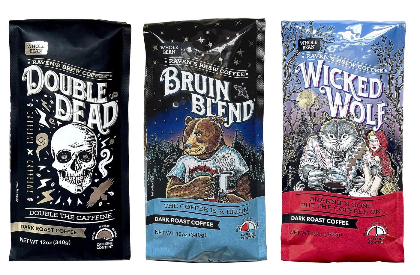 Ravens Brew Whole Bean Coffee Variety Pack 3 Delicious Flavors Double Dead Bruin Blend and Wicked Wolf 12oz each