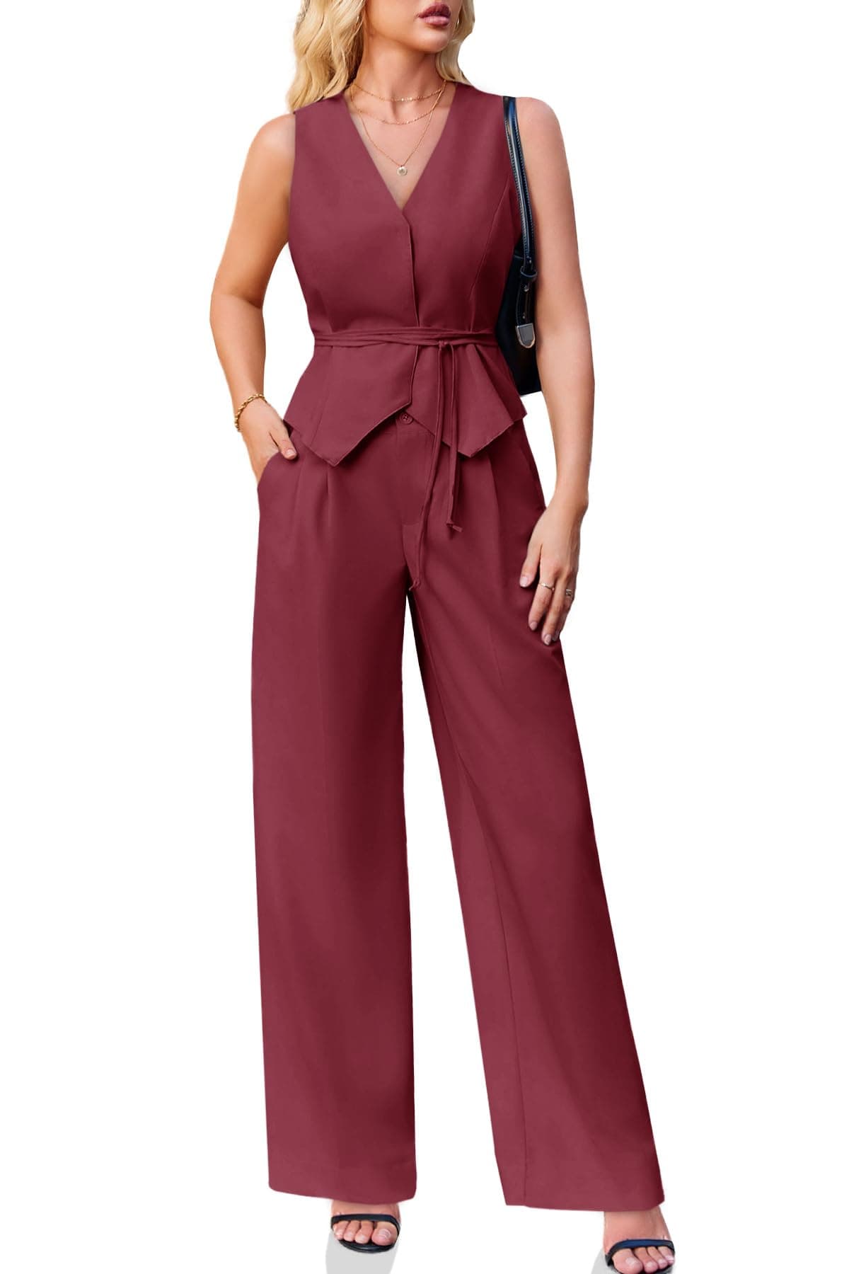 Cicy Bell Women's 2 Piece Outfits Sleeveless Tie Waist Suit Vest and Wide Leg Pants Business Casual Blazer Sets Burgundy